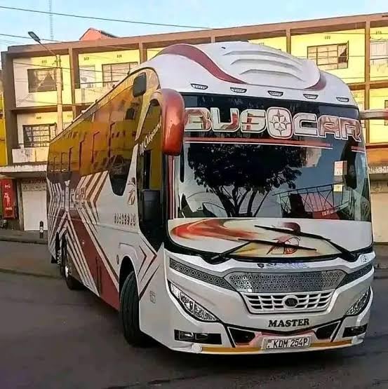 Decorated long-distance bus with burgundy and white livery parked in front of yellow building